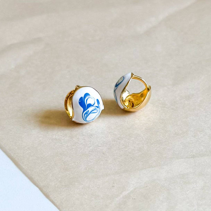 Blue and Porcelain Hoop Earrings