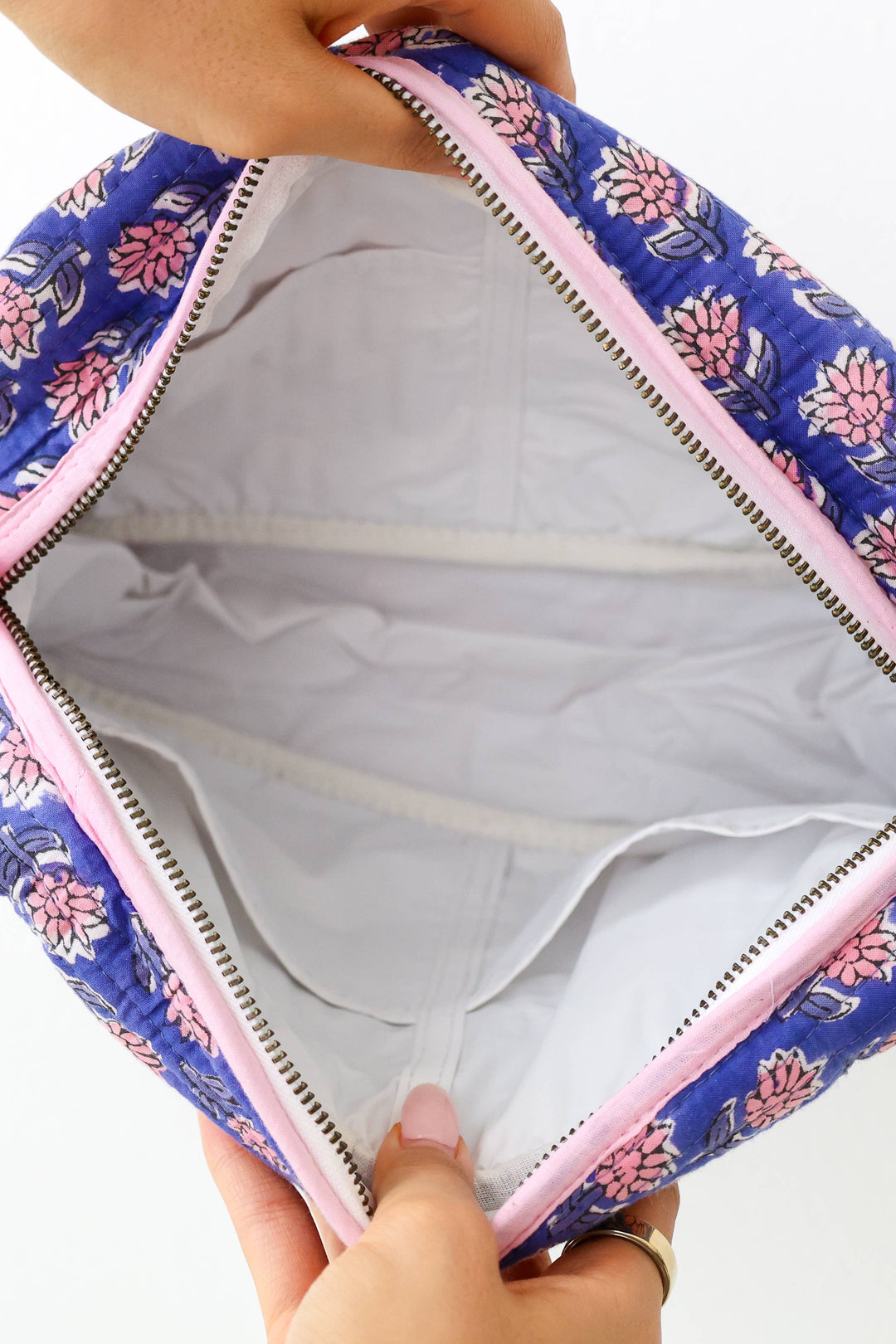 Scalloped Block Print Toiletry Bag Cotton Makeup Travel Case