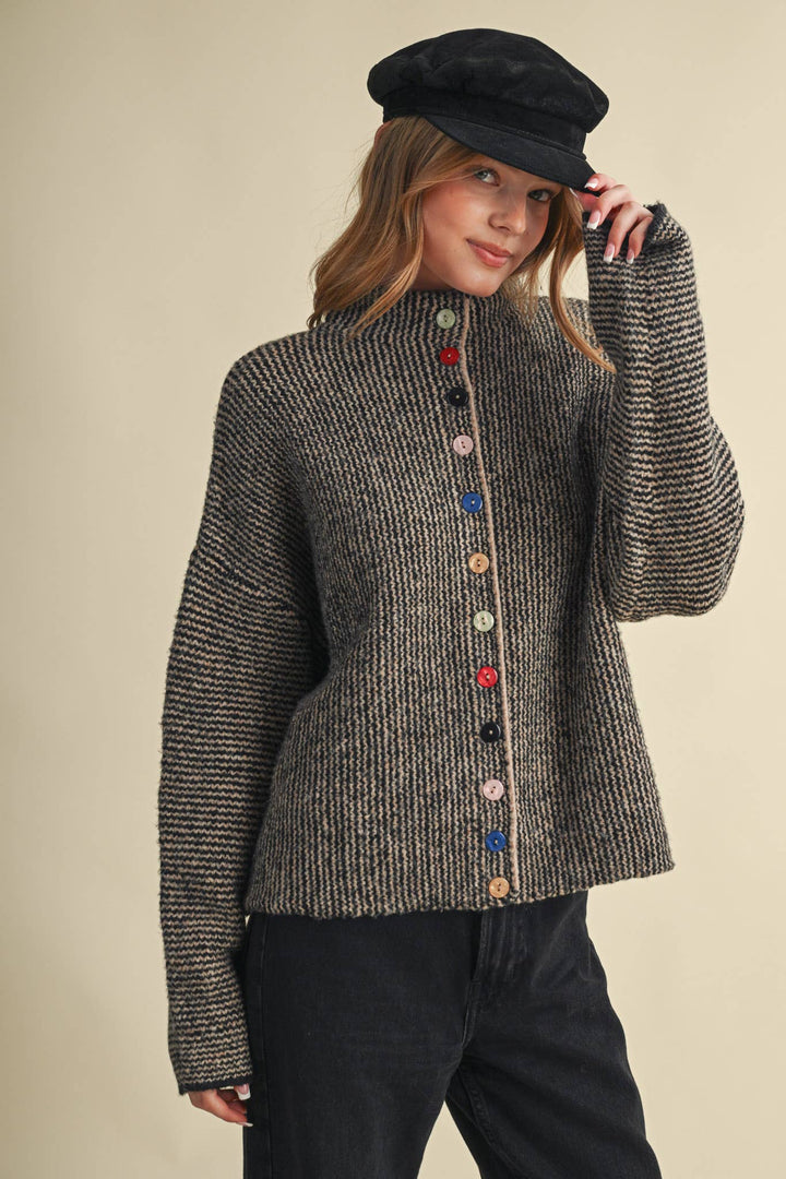 STRIPED SWEATER CARDIGAN WITH COLORFUL BUTTONS MS112