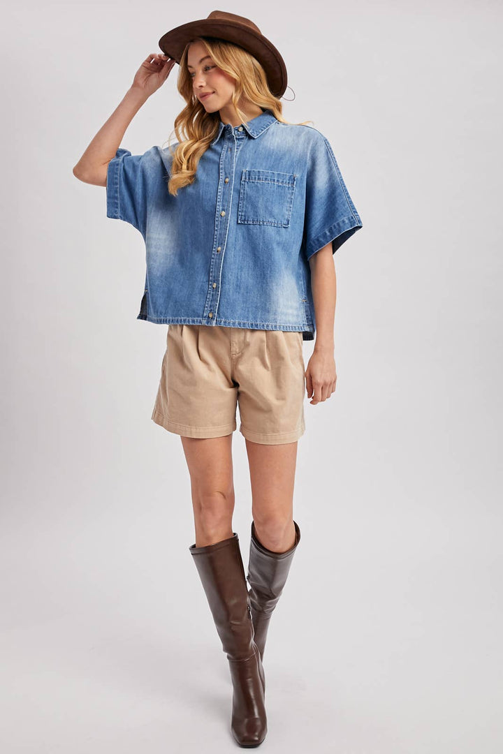 DENIM BUTTON DOWN SHORT SLEEVE BOXY SHIRT BV829