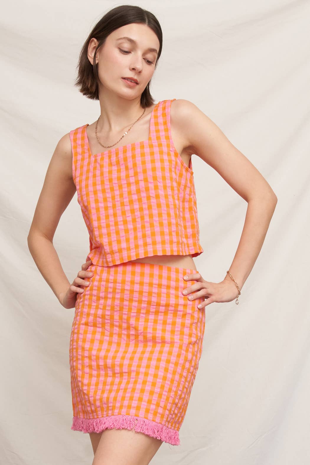 Sleeveless Square Neck Plaid Cropped Top EC763