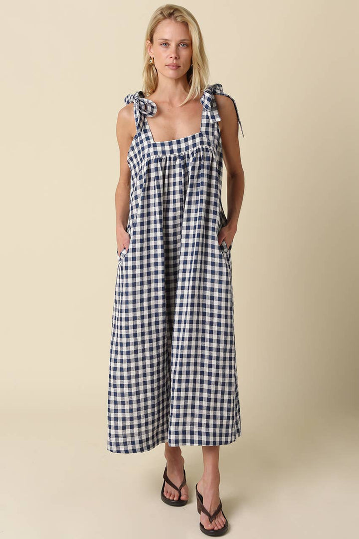 Mia Gingham Tie Strap Maxi Linen Dress OL24