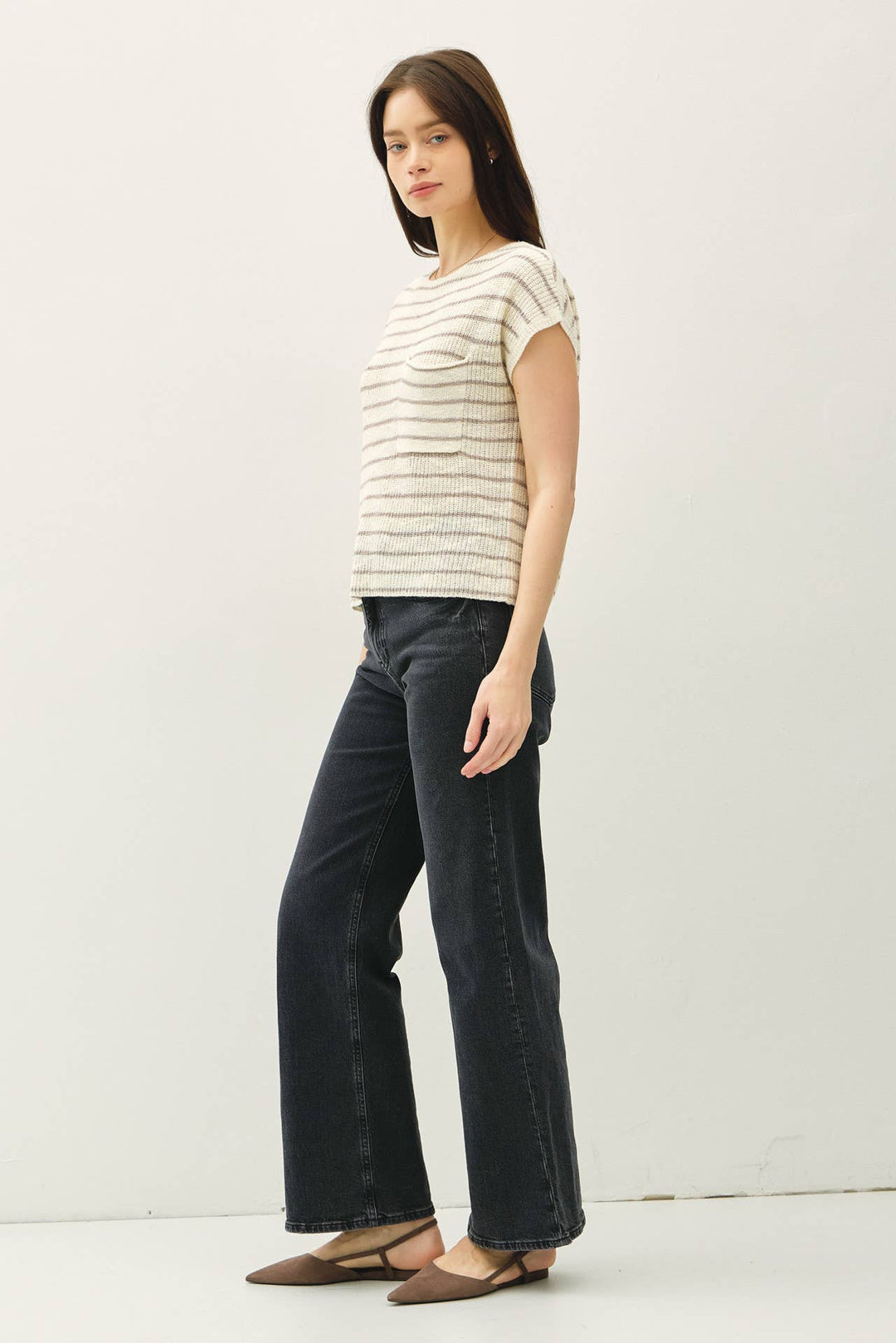 STRIPED CAP SLEEVE SWEATER W FRONT PATCH POCKET BC564
