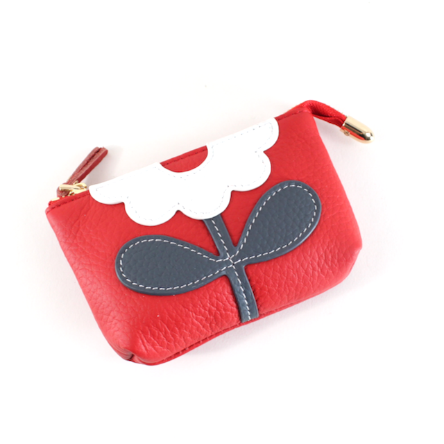 Flower Applique Leather Coin Purse w/Keychain