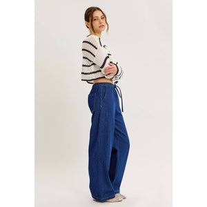 LAID BACK STAPLE STRIPE COTTON SWEATER WITH CONTRAST TRIM