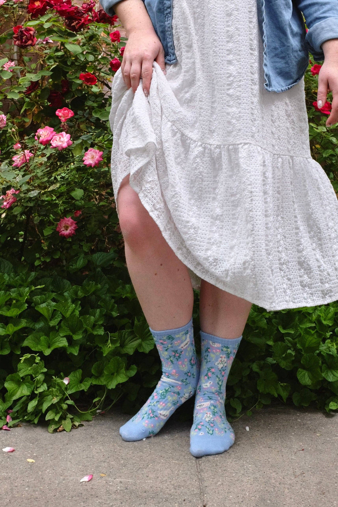 Blue Floral Meadow Bunny Duck Ribbed Print Crew Socks