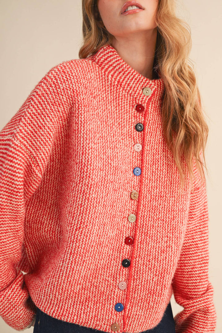 STRIPED SWEATER CARDIGAN WITH COLORFUL BUTTONS MS112