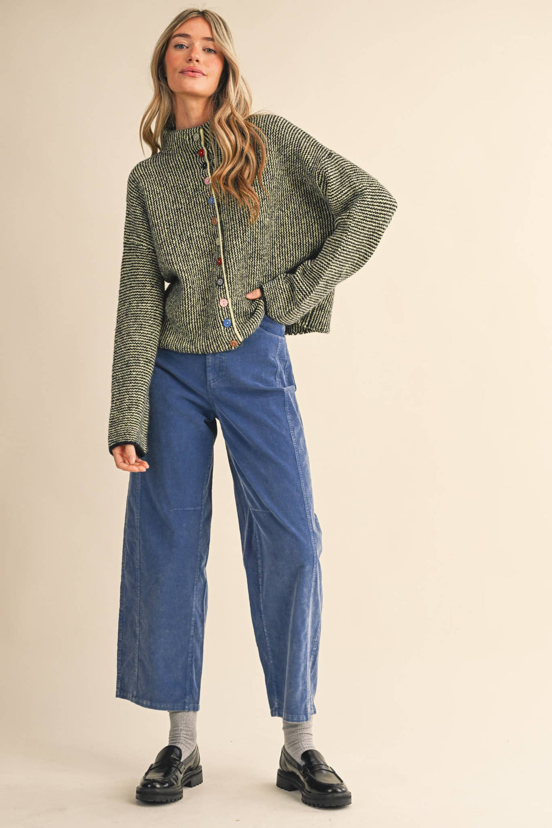 STRIPED SWEATER CARDIGAN WITH COLORFUL BUTTONS MS112