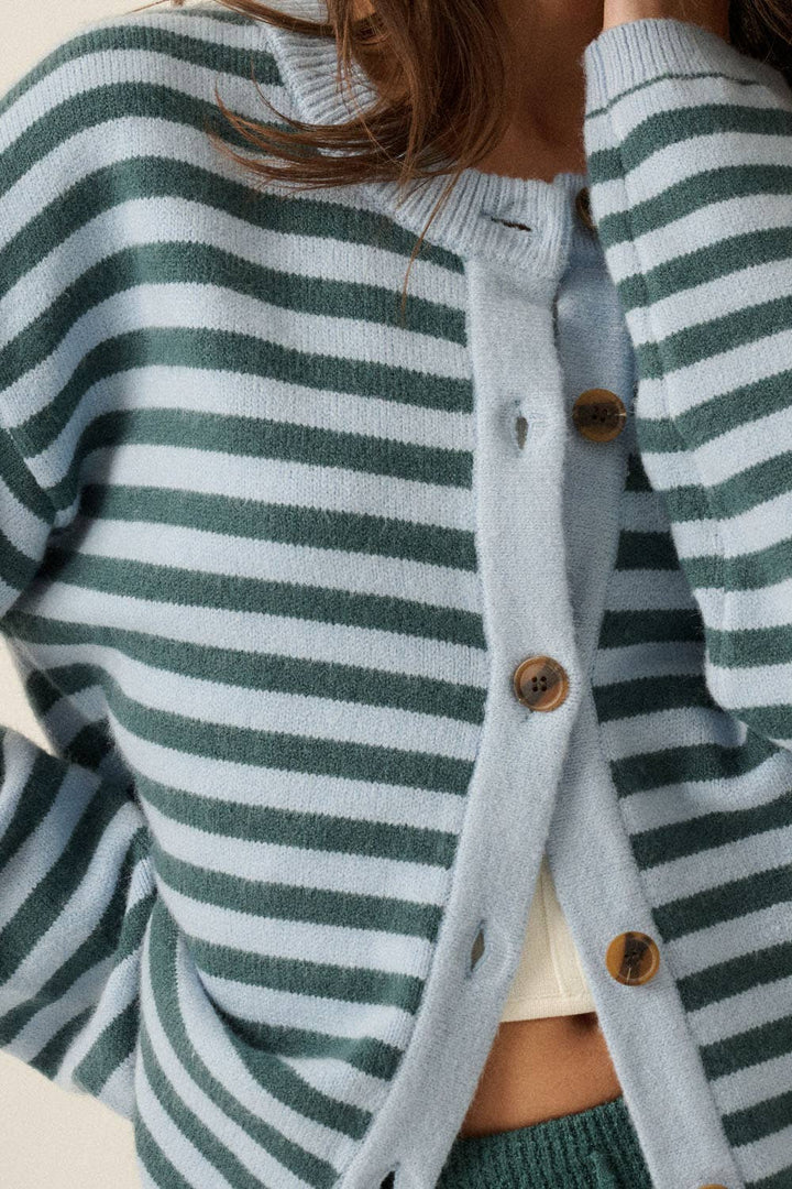 Striped Knit Crewneck Button-Front Relaxed-Fit Cardigan