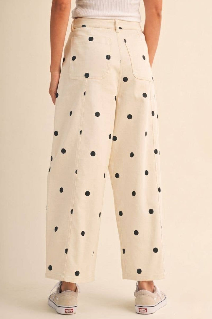 IP1390 POLKADOT STRETCH TWILL MID WAIST BARREL PANTS