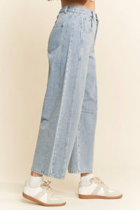 PATCH POCKET WIDE LEG CULOTTE DENIM BARREL PANTS