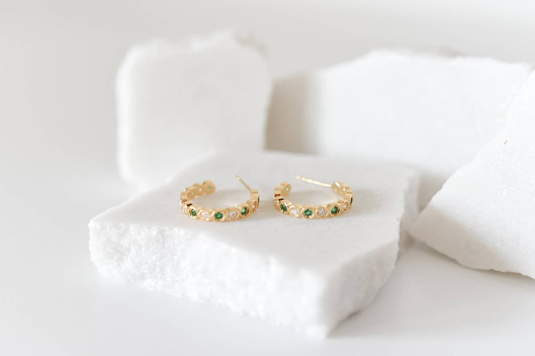 Mayble gold plated hoop studs | emerald green cz BRE37