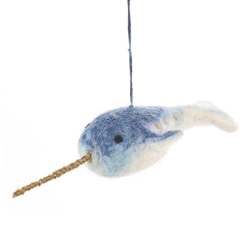 Handmade Felt Fair trade Hanging Narwhal Decoration