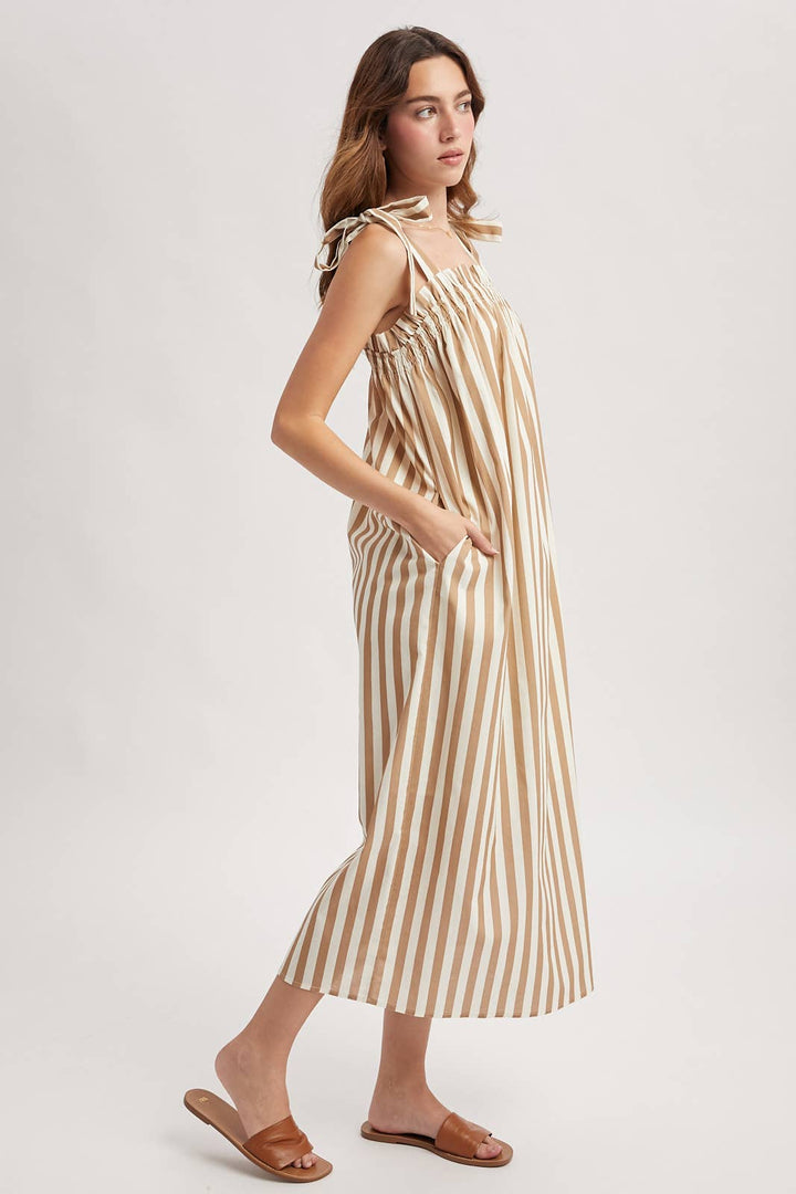 STRIPED SELF SHOULDER TIES MIDI DRESS / WL25