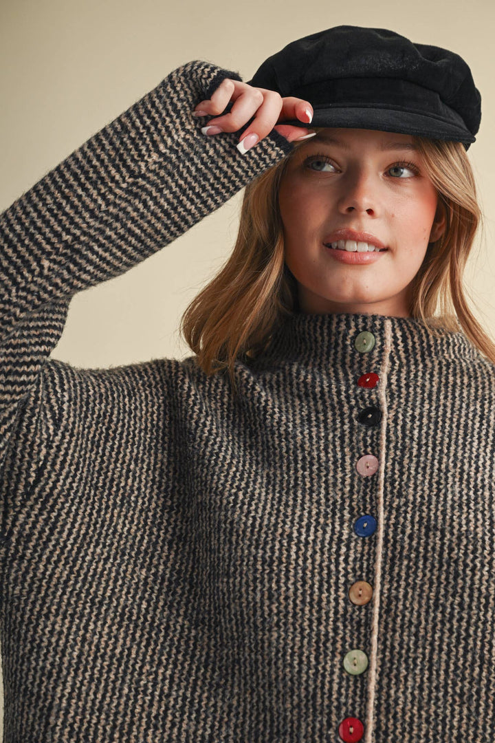STRIPED SWEATER CARDIGAN WITH COLORFUL BUTTONS MS112