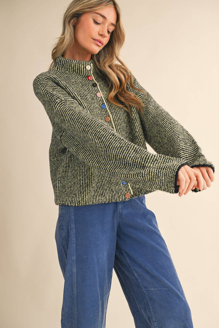 STRIPED SWEATER CARDIGAN WITH COLORFUL BUTTONS MS112