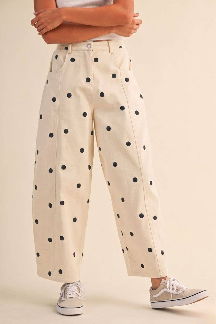 IP1390 POLKADOT STRETCH TWILL MID WAIST BARREL PANTS