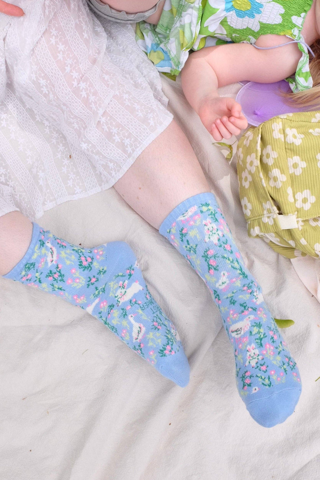 Blue Floral Meadow Bunny Duck Ribbed Print Crew Socks