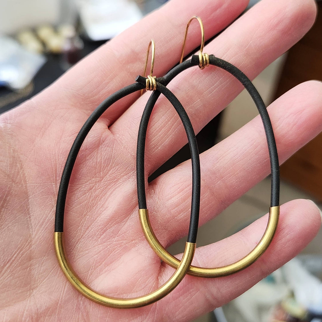 Threaded Black Rubber, Brass &amp; Silver Hoop Dangle Earrings