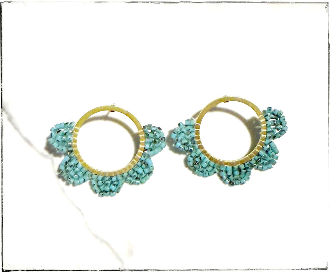 Glass Seed Bead Brass Scallop Petal Stud Earring Turquoise GJ22