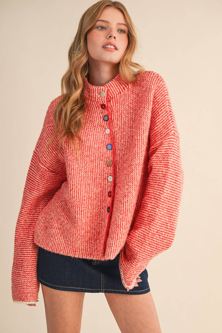STRIPED SWEATER CARDIGAN WITH COLORFUL BUTTONS MS112