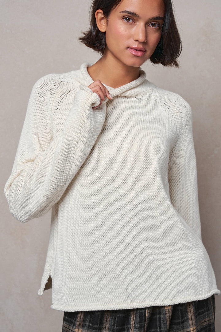 Striped Mock Neck Cotton Knit Sweater