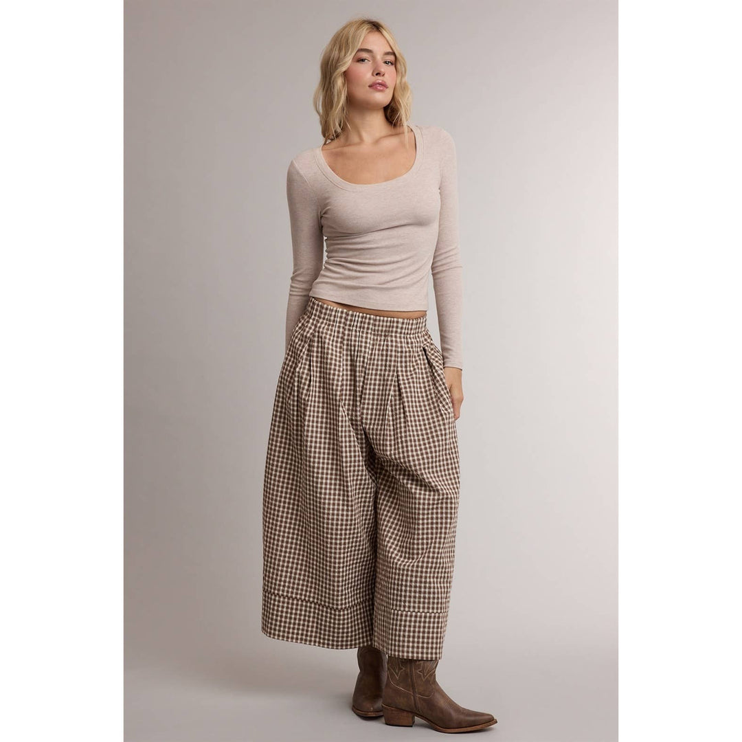 GINGHAM WIDE LEG PULL ON PANTS / WL26