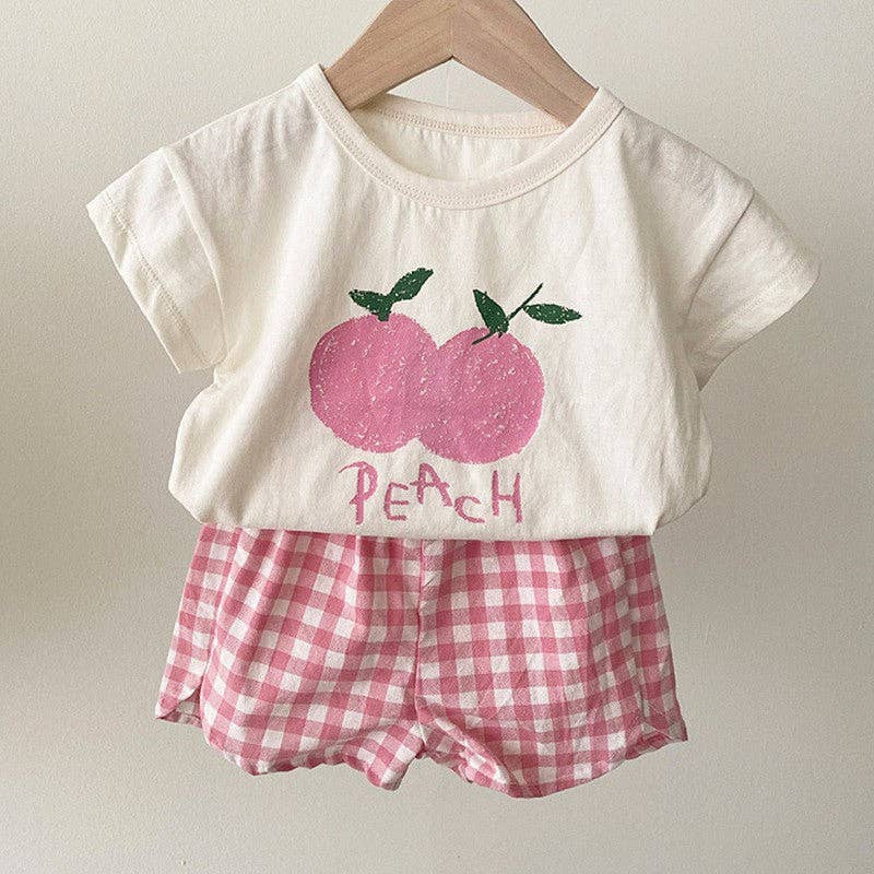Summer Baby Kids Fruits Pattern Short Sleeves T-shirt and Plaid Shorts Clothing Set TR2504