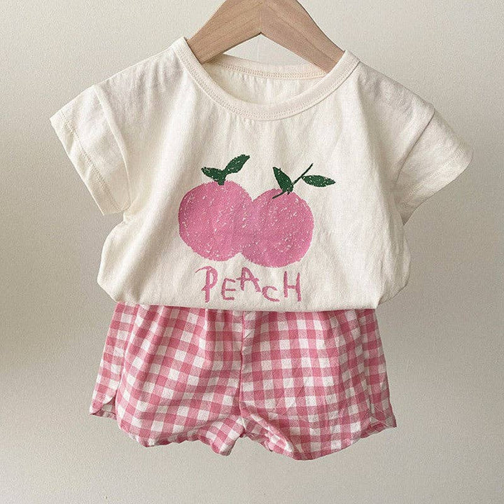 Summer Baby Kids Fruits Pattern Short Sleeves T-shirt and Plaid Shorts Clothing Set TR2504
