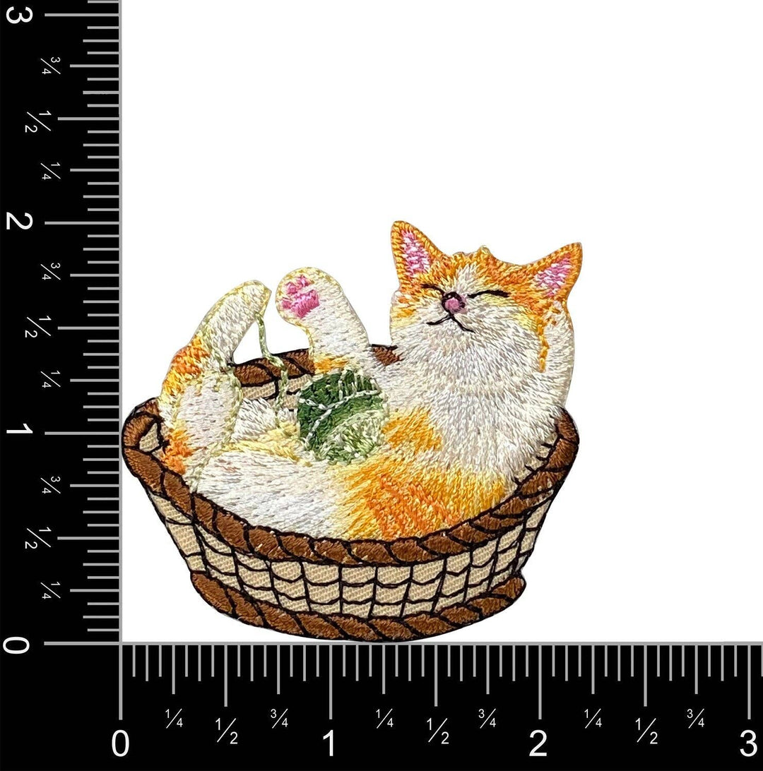 Cat in Basket, Playing with Yarn Ball, Pets, Kitten, Embroidered, Iron on Patch IR