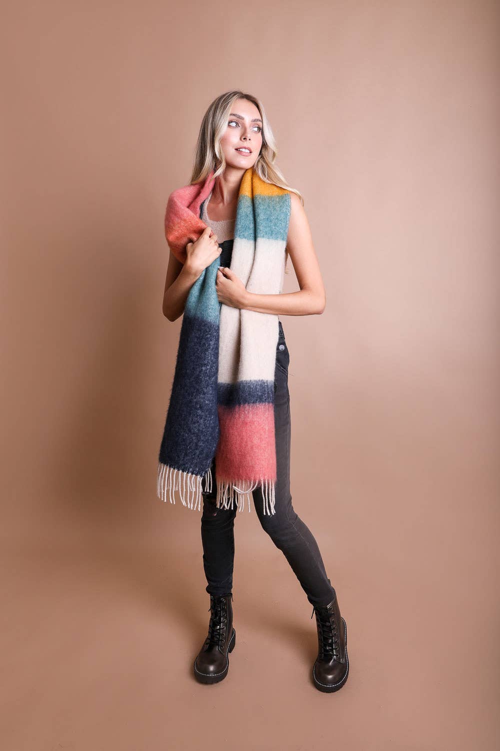 Winter Color Block Faux Mohair Scarf - LT224