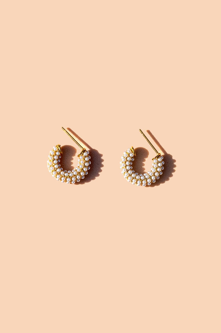 Pearl Mini Dot Hoops - 18K Gold Plated PJ14