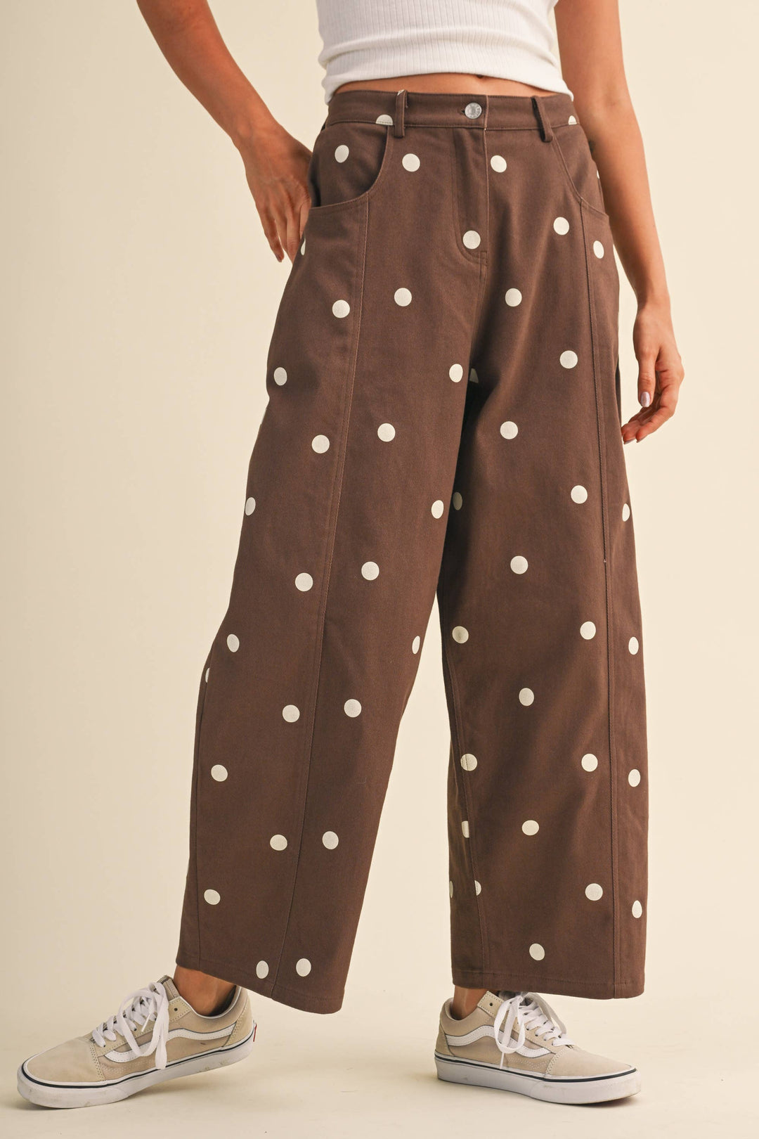 IP1390 POLKADOT STRETCH TWILL MID WAIST BARREL PANTS