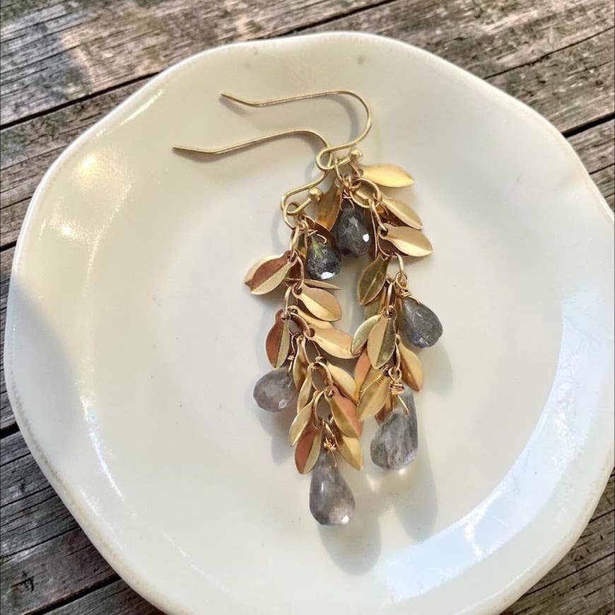 Brass Lightweight Leaf Chain and Labradorite Dangle Earrings