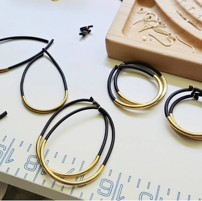 Threaded Black Rubber, Brass &amp; Silver Hoop Dangle Earrings