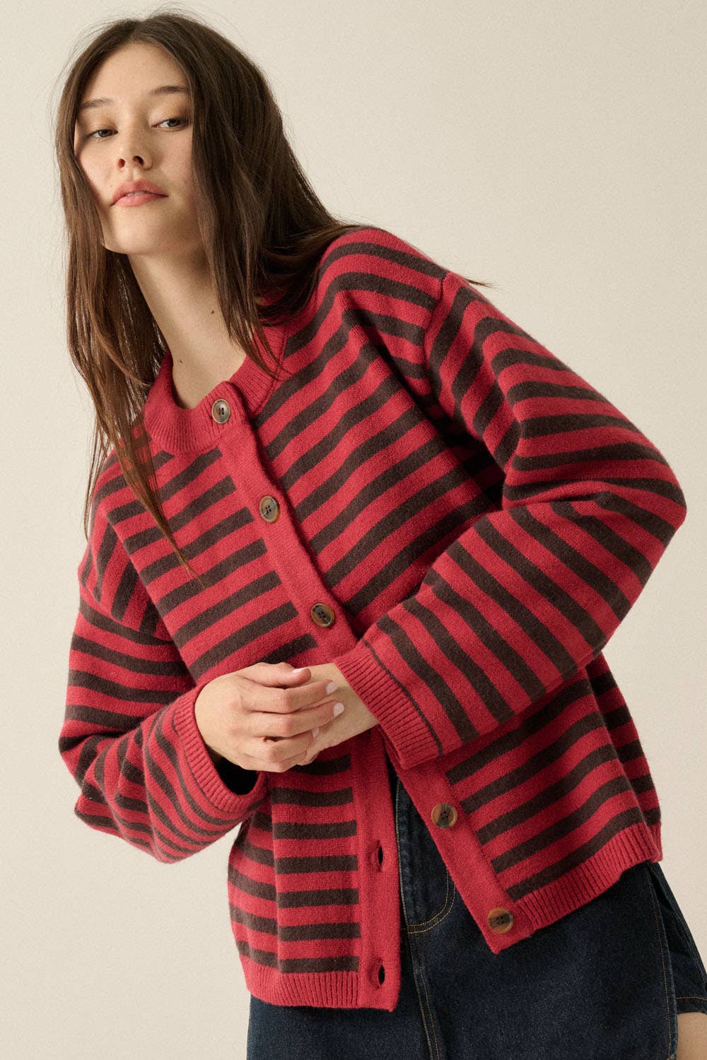 Striped Knit Crewneck Button-Front Relaxed-Fit Cardigan