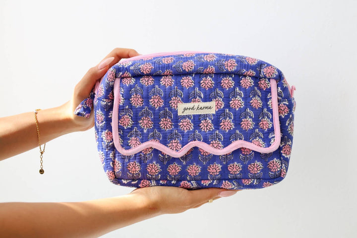 Scalloped Block Print Toiletry Bag Cotton Makeup Travel Case