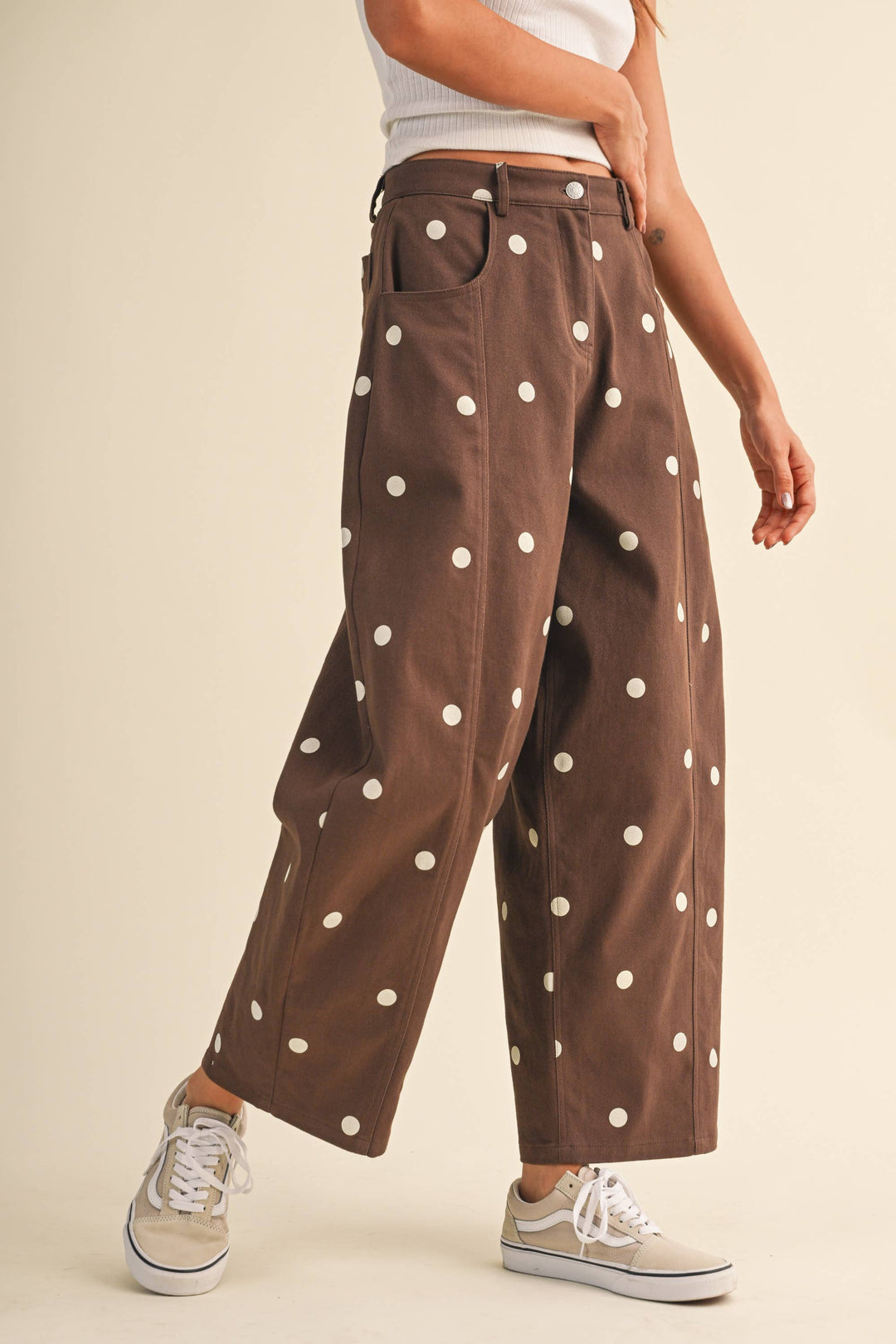 IP1390 POLKADOT STRETCH TWILL MID WAIST BARREL PANTS