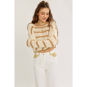 LAID BACK STAPLE STRIPE COTTON SWEATER WITH CONTRAST TRIM