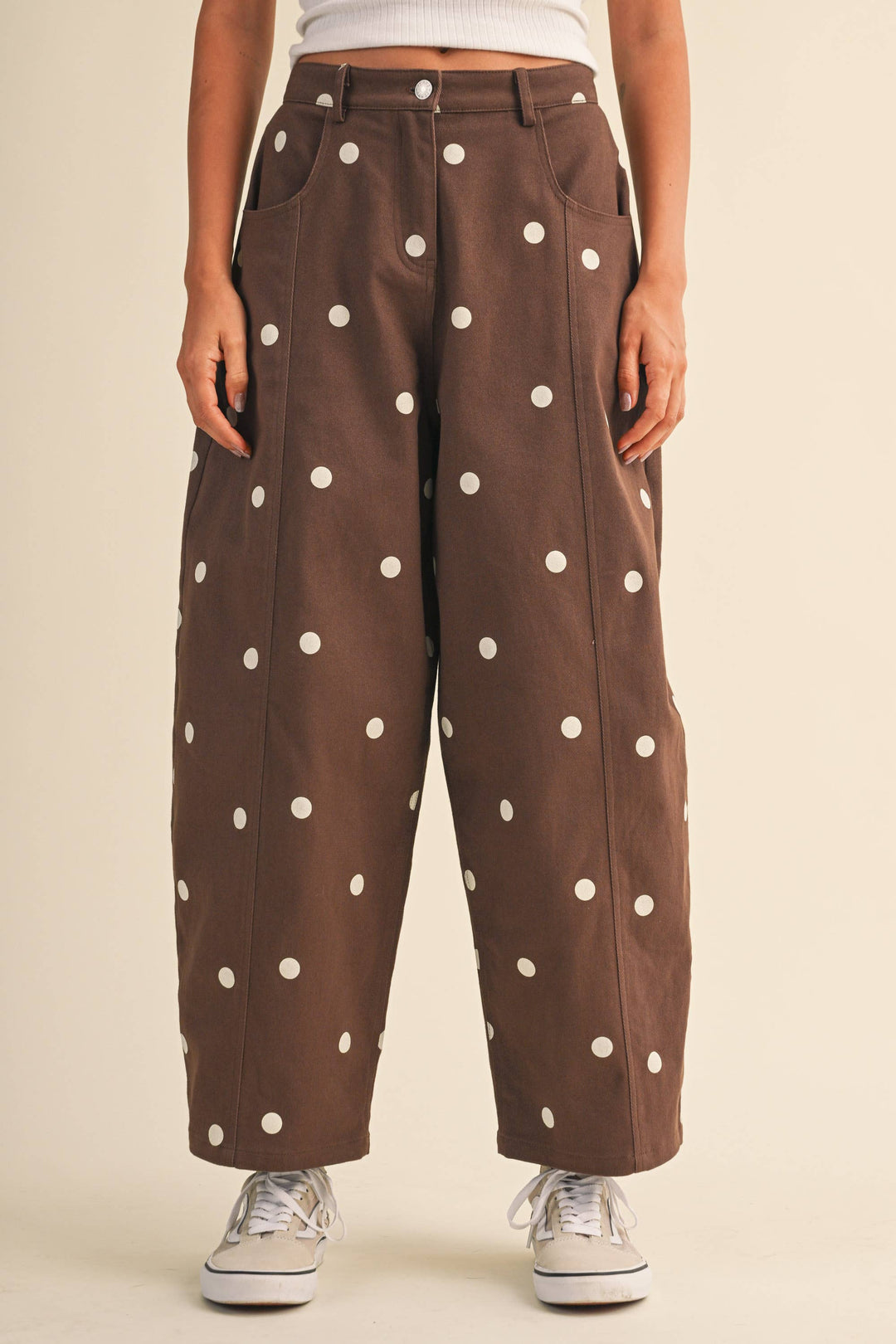IP1390 POLKADOT STRETCH TWILL MID WAIST BARREL PANTS