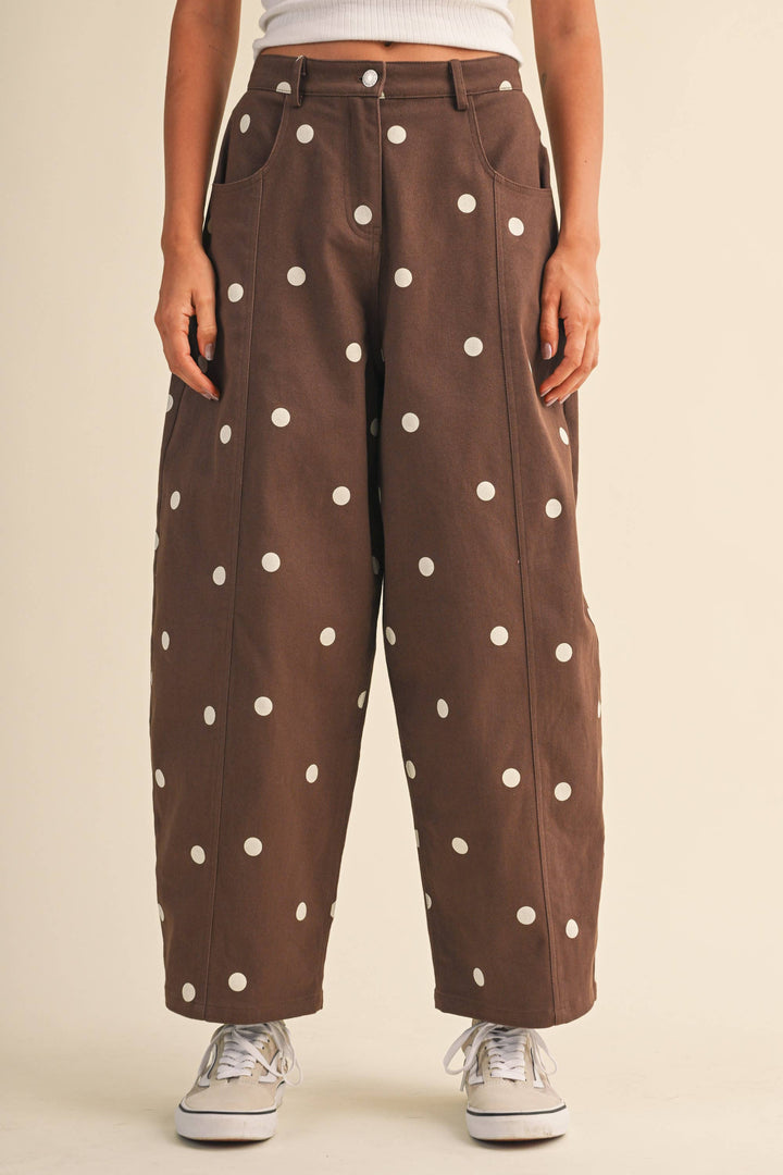 IP1390 POLKADOT STRETCH TWILL MID WAIST BARREL PANTS