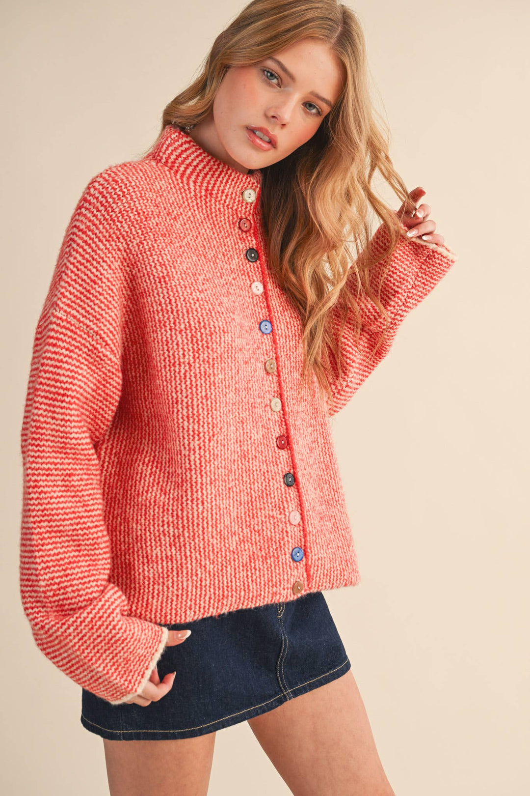 STRIPED SWEATER CARDIGAN WITH COLORFUL BUTTONS MS112