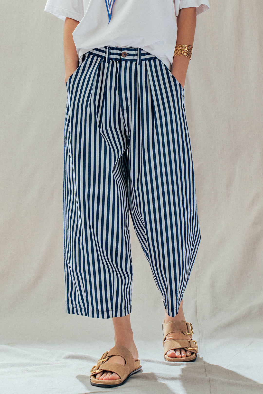 Striped Pleated Wide Leg Culotte Pants UD35