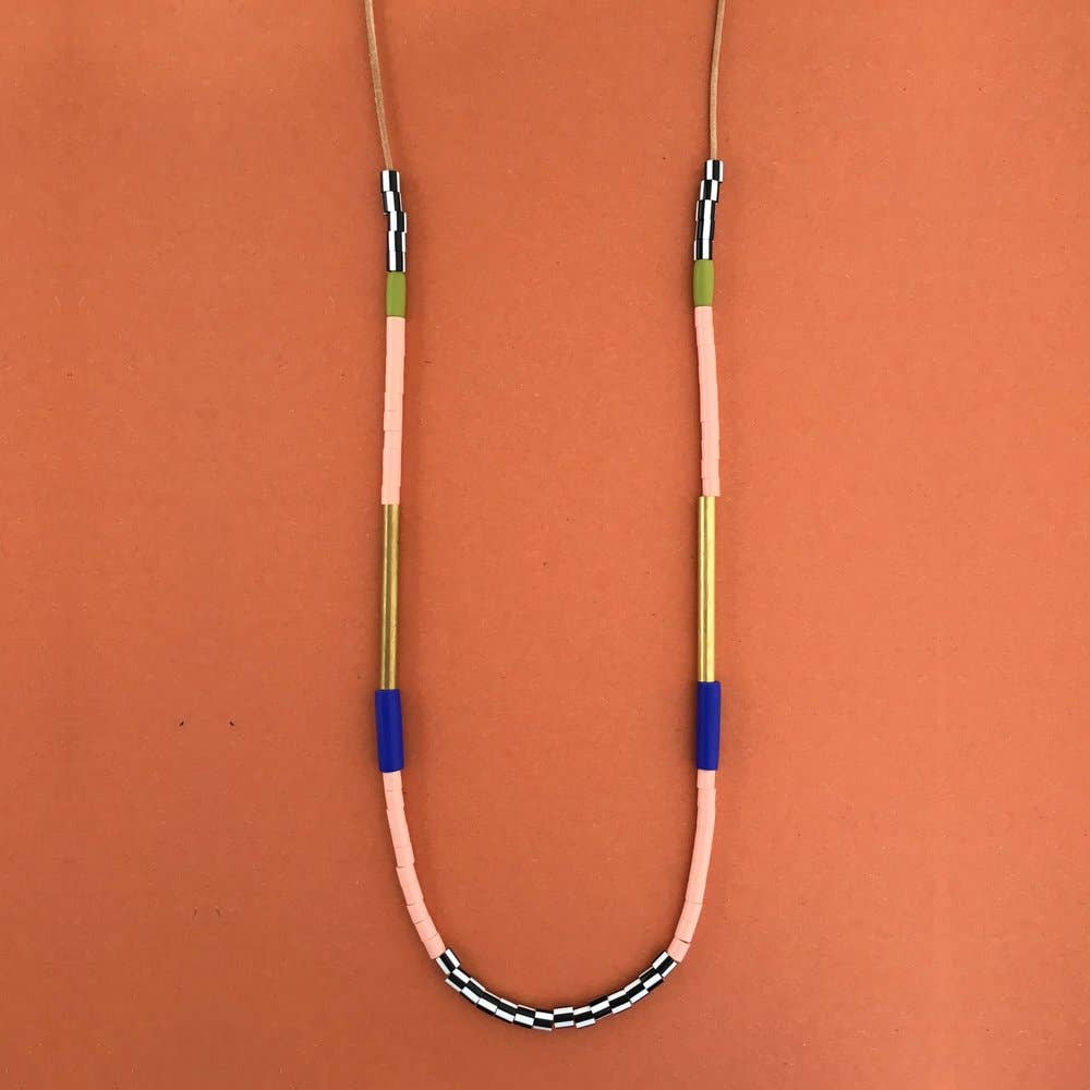Blue and Salmon Block Necklace LAN3