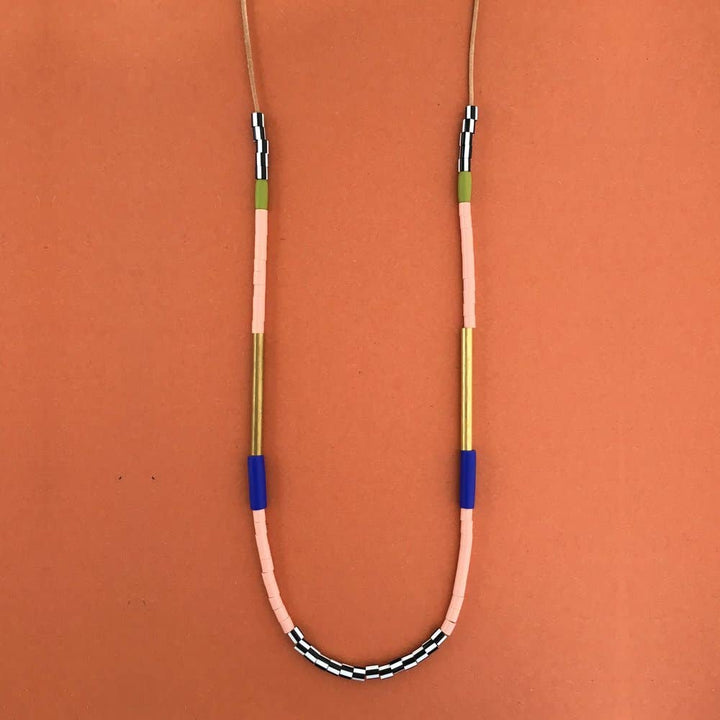 Blue and Salmon Block Necklace LAN3