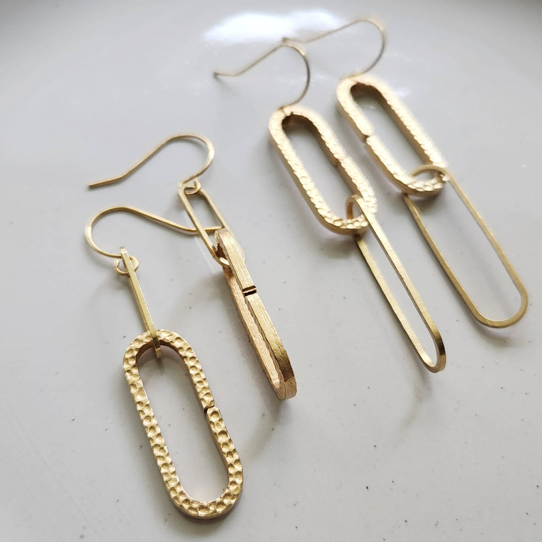 Textured Brass Paperclip Link Statement Dangle Earrings