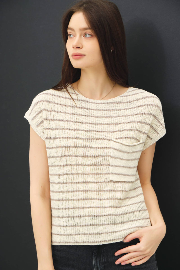 STRIPED CAP SLEEVE SWEATER W FRONT PATCH POCKET BC564