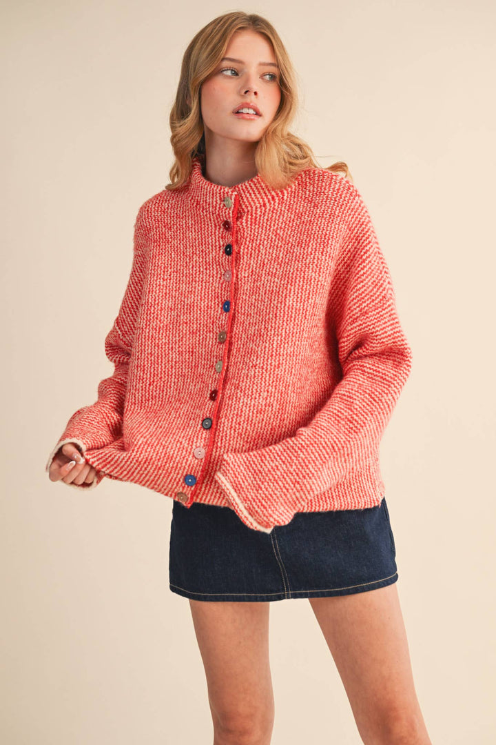 STRIPED SWEATER CARDIGAN WITH COLORFUL BUTTONS MS112