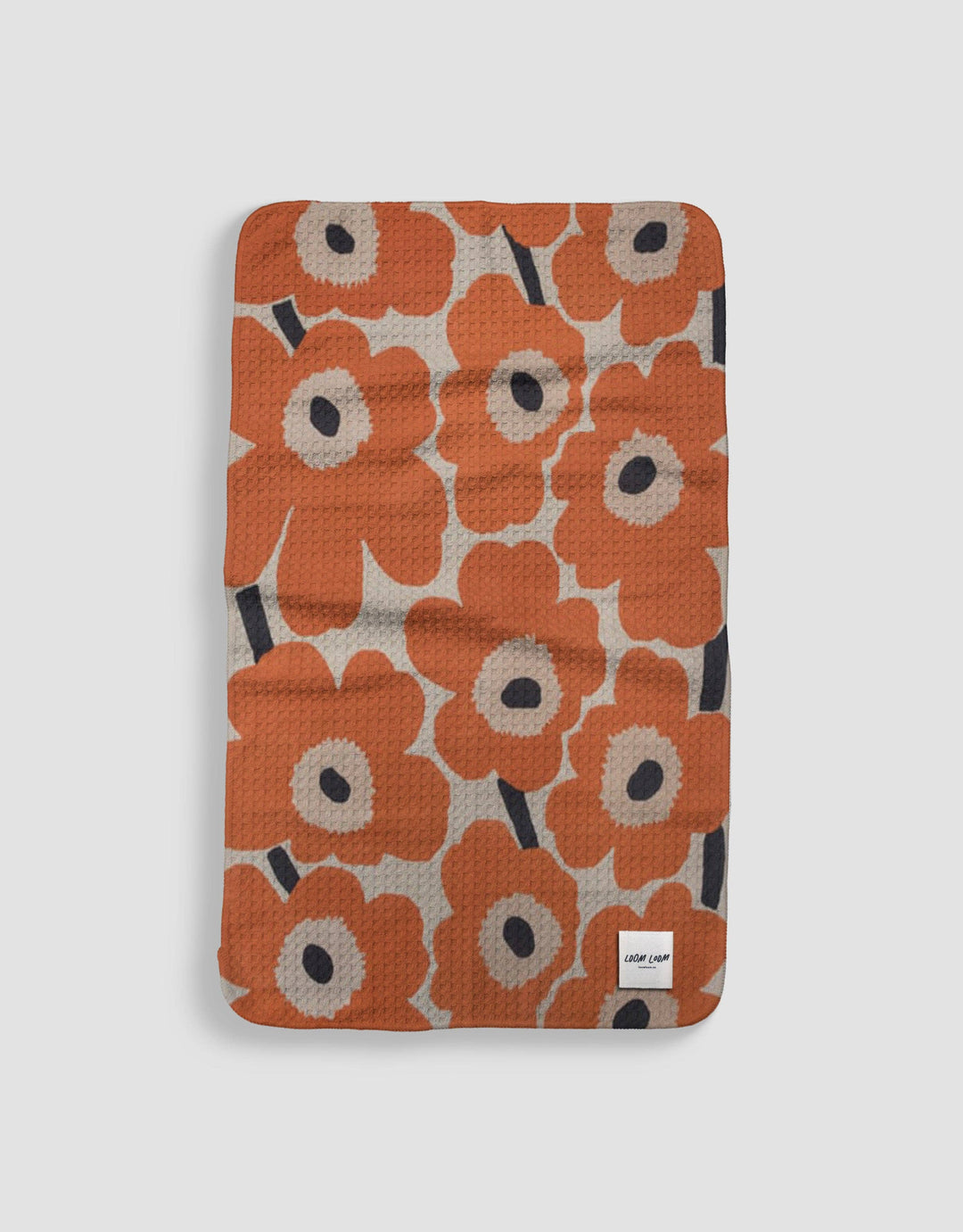 Loom Loom Kitchen Tea Towel - Orange White Black Floral Flowers Hand Drawn Print Eco Microfiber Waffle Woven Towels
