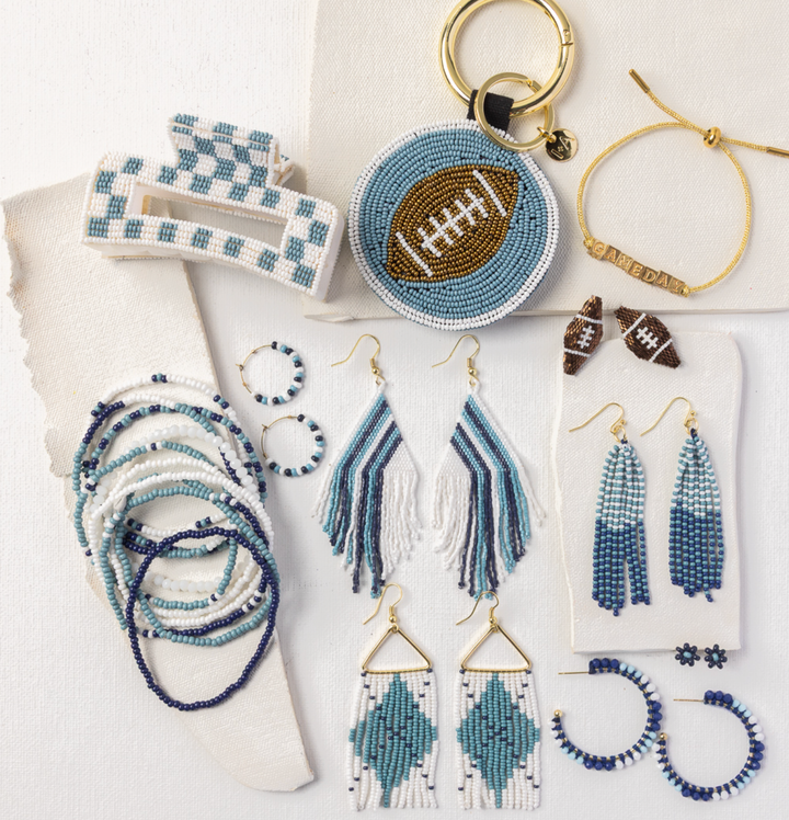 Lola Game Day Checked Beaded Hair Claw Clip Light Blue and White